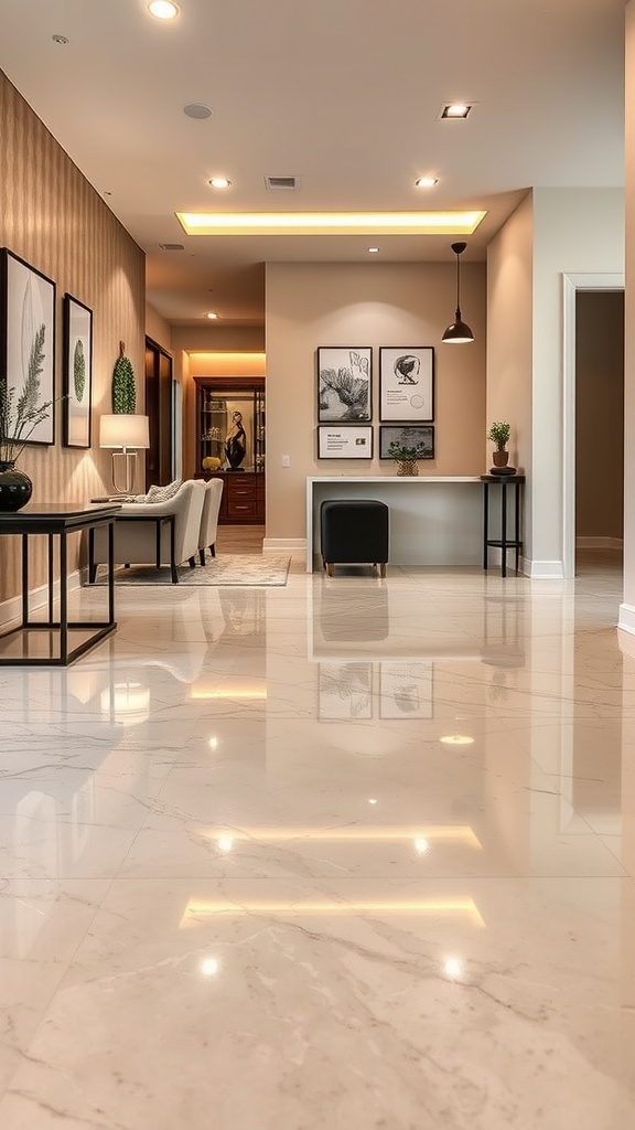 A modern hallway featuring a polished resin floor that resembles marble, showcasing a stylish and eco-friendly design.