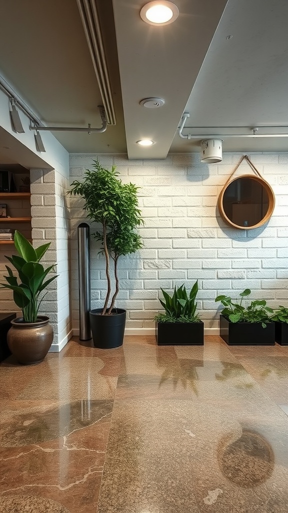 Stylish basement with eco-friendly epoxy flooring and plants.