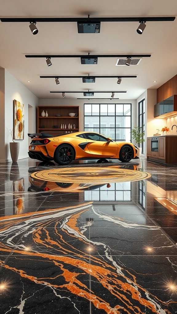 A stylish room featuring luxury epoxy flooring in black and orange with a sports car, showcasing modern design.