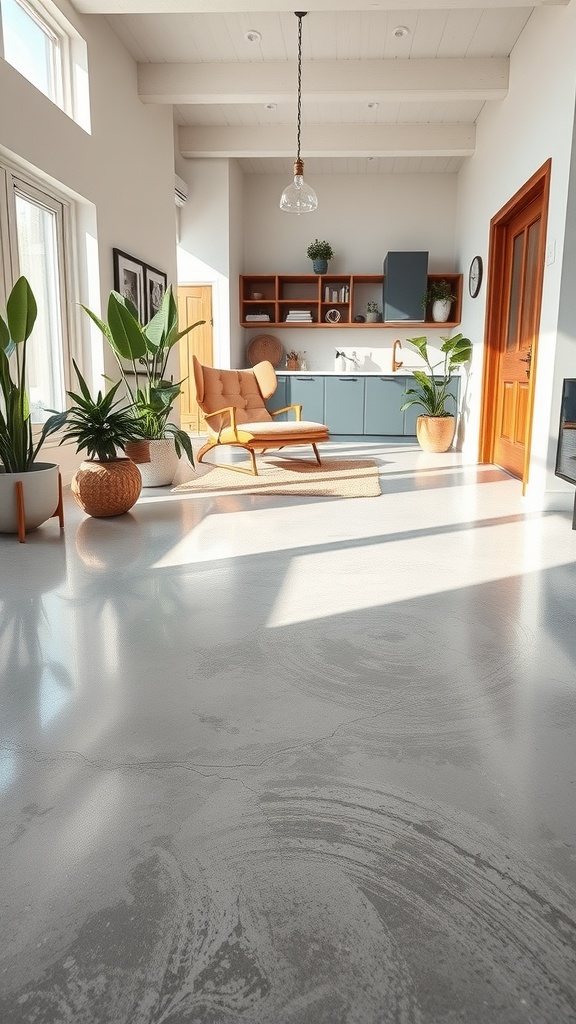 Bright room with epoxy flooring and plants, showcasing eco-friendly design.