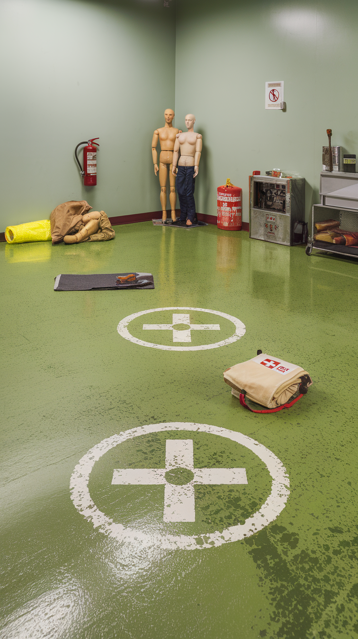 Green epoxy floor with safety symbols and emergency equipment in a training room.