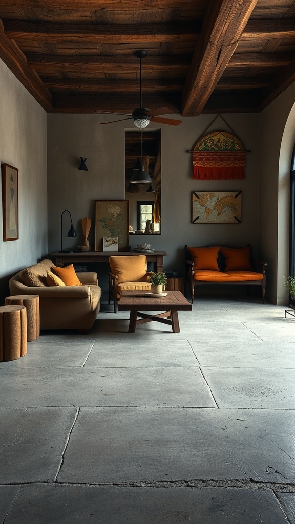 A stylish gray epoxy floor in a laundry room with bright lighting.