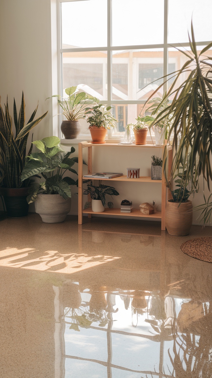 A bright room with plants and a glossy epoxy floor reflecting natural light.