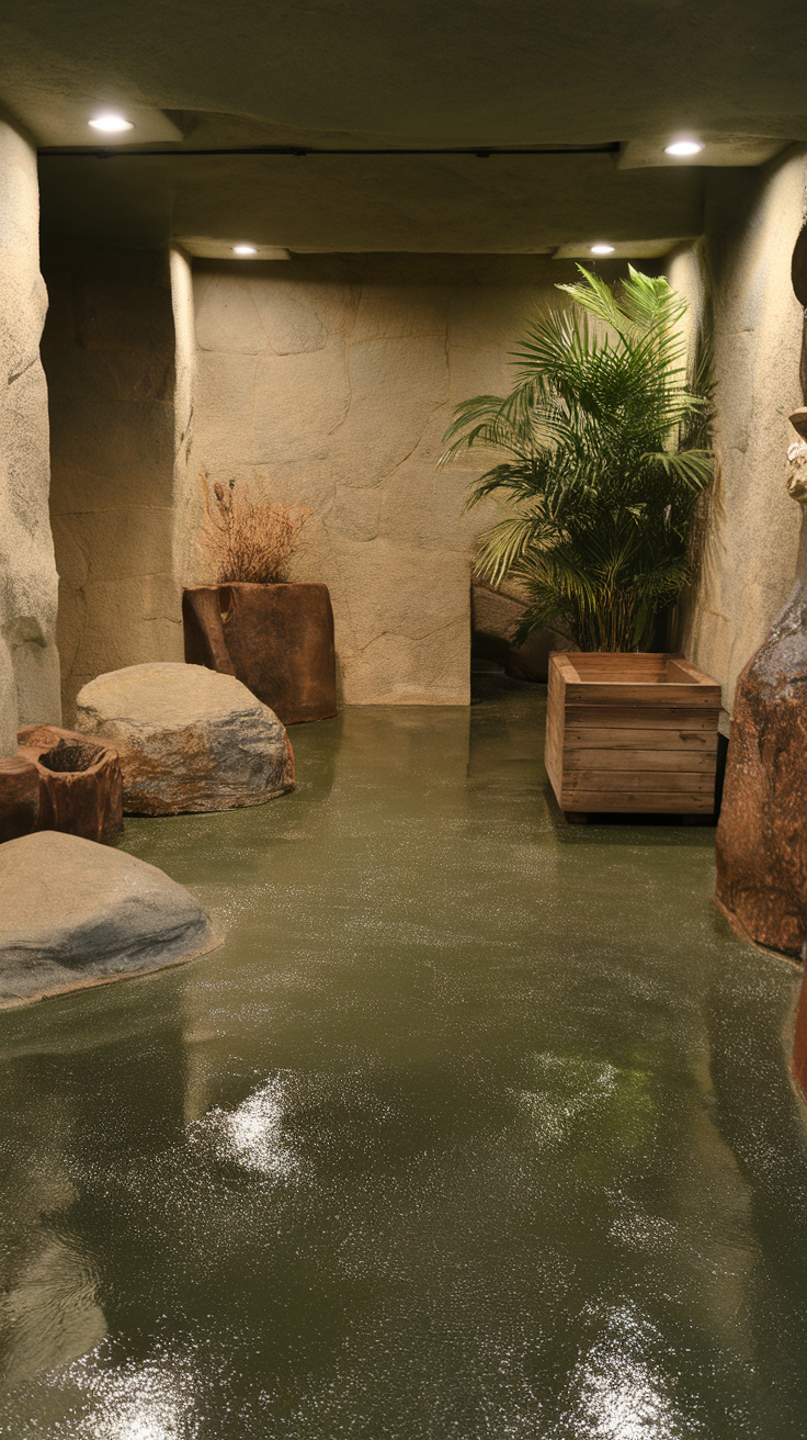 Eco-friendly epoxy floor in a serene setting with rocks and plants.