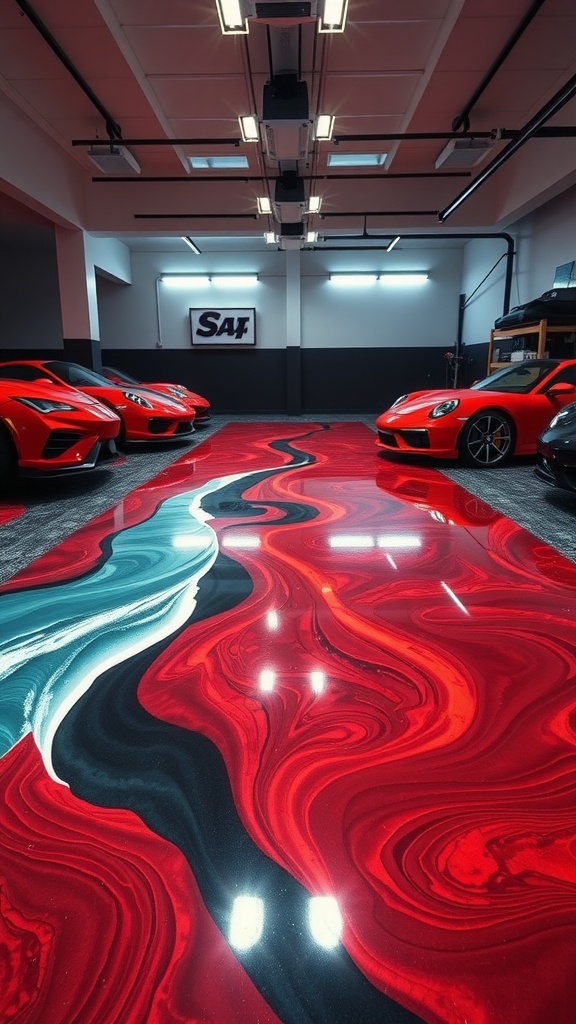 A stylish garage with a red and blue 3D epoxy floor design.