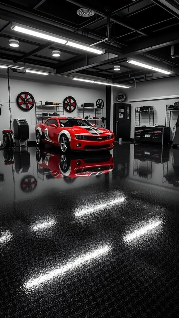 A modern garage featuring a sleek black epoxy floor with a red sports car.
