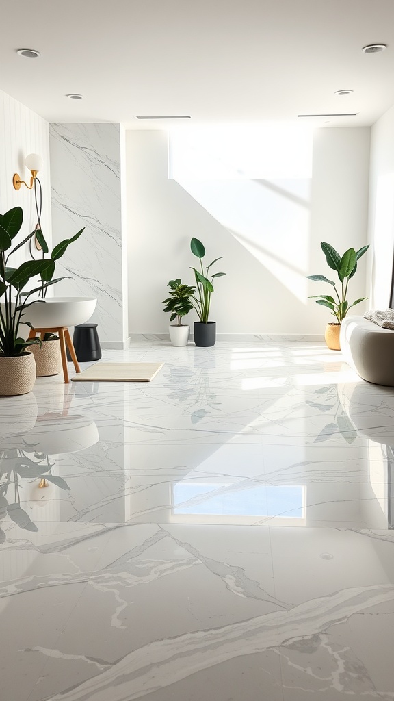 Elegant interior featuring heated marble epoxy floors, plants, and natural light.
