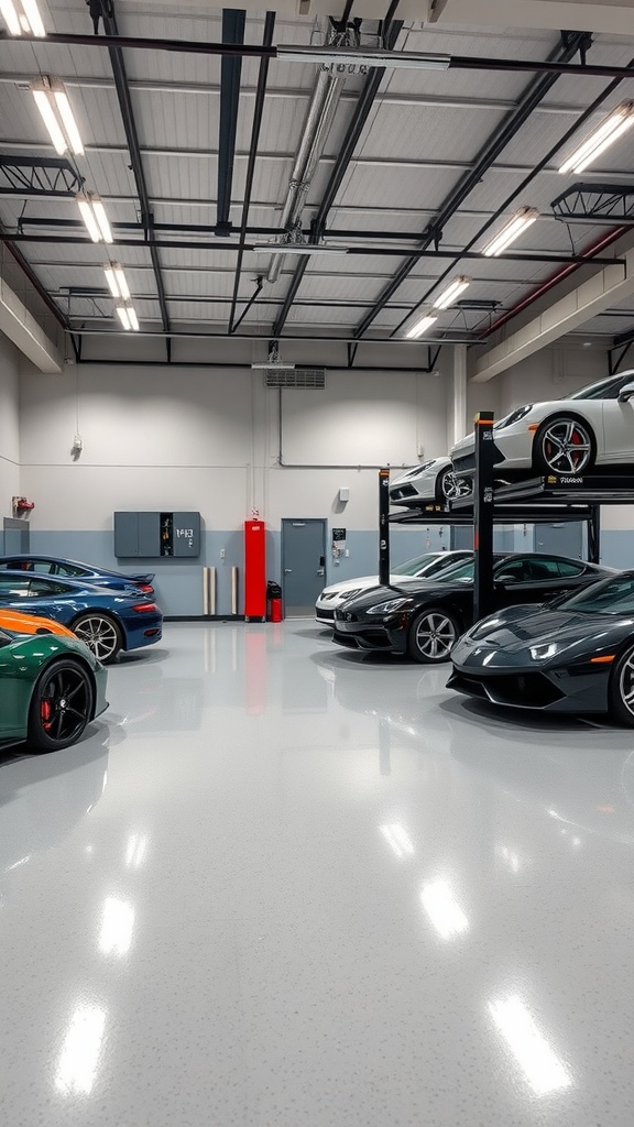 A luxurious garage showcasing multiple high-end cars on a shiny epoxy floor, reflecting a modern design.