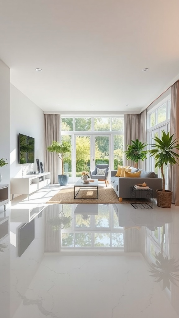 Stylish living room featuring eco-friendly epoxy flooring with natural colors and plants