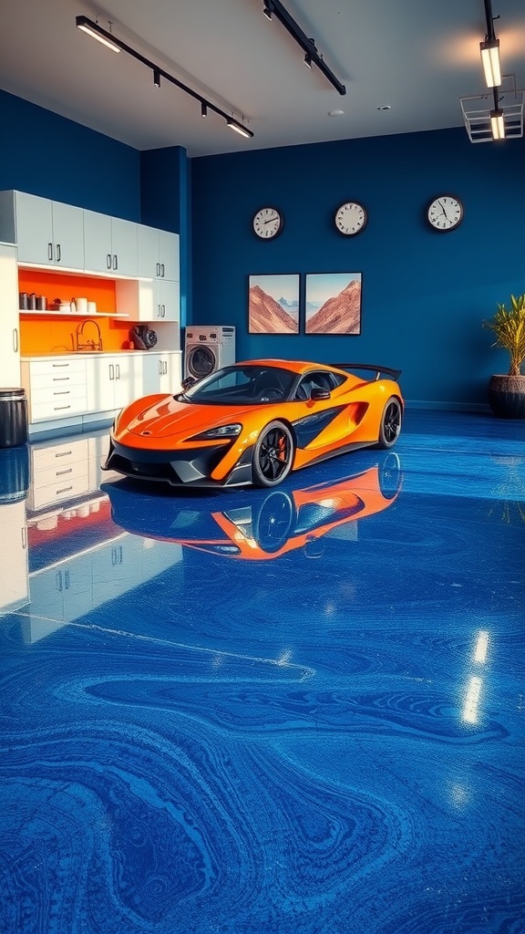 A modern garage with a metallic blue epoxy floor and an orange sports car.