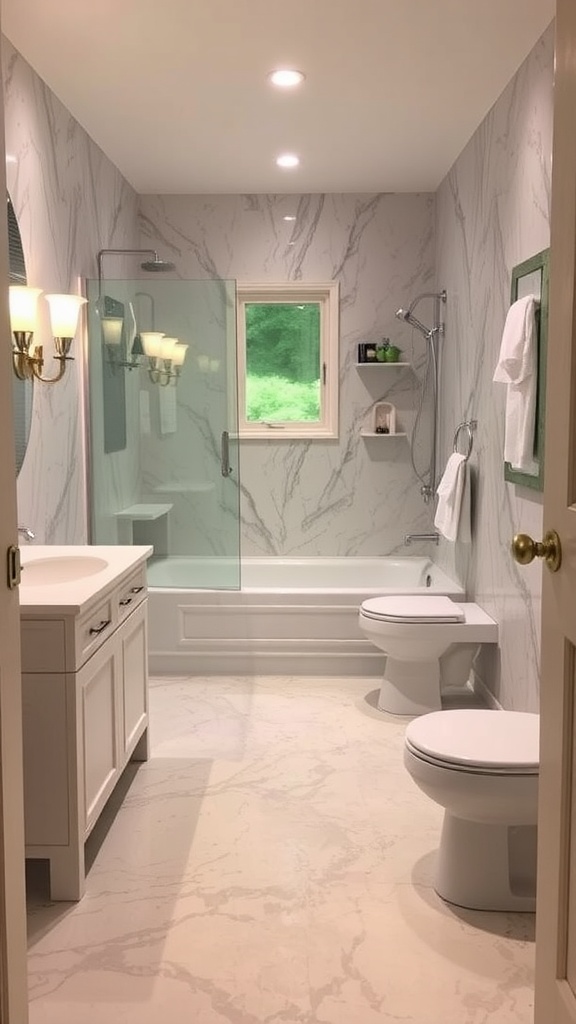 A bright bathroom featuring eco-friendly decor and light-colored epoxy flooring.