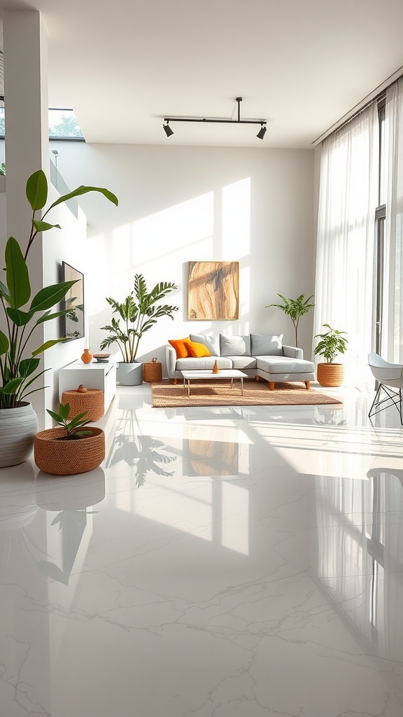 A bright living room featuring a stylish layout with plants and a shiny epoxy floor.
