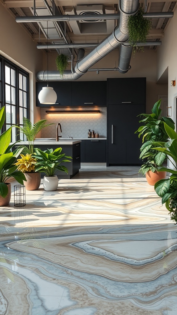 A modern kitchen interior showcasing sleek epoxy flooring with a natural stone design, complemented by plants and stylish cabinetry.