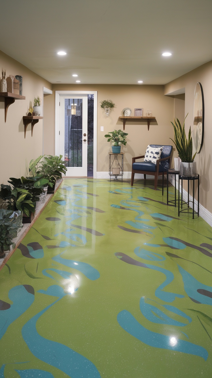 A worker applying epoxy flooring in a garage, showcasing a shiny, reflective surface.
