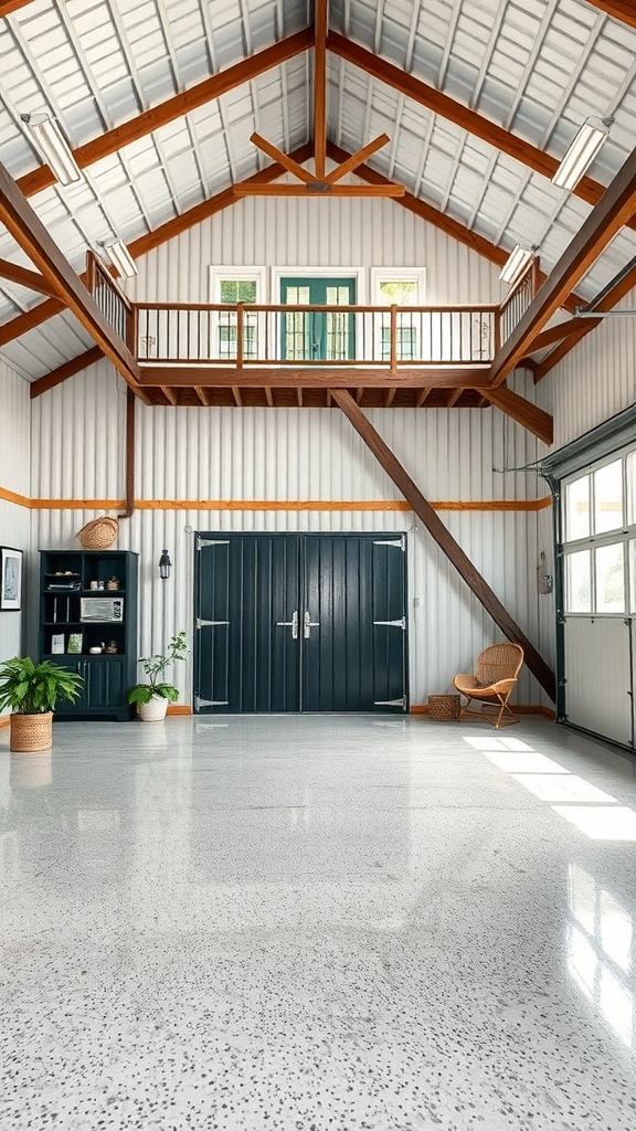 Interior of a barn-style building featuring a modern loft and polished epoxy floor