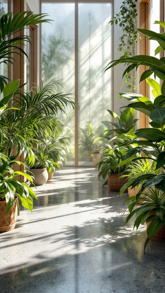 A serene corridor filled with plants and natural light, showing eco-friendly flooring