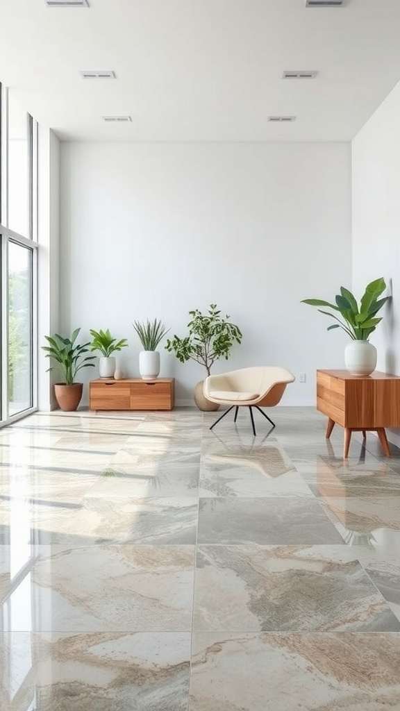 A bright room with green epoxy flooring and hanging plants, showcasing a natural and eco-friendly environment.