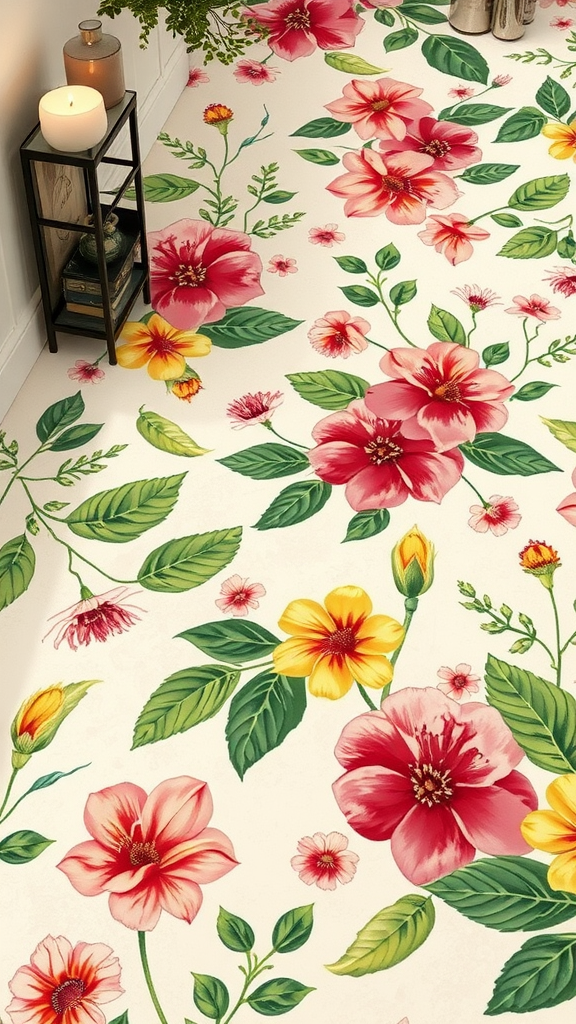 Colorful floral design on a floor with various flowers and greenery.