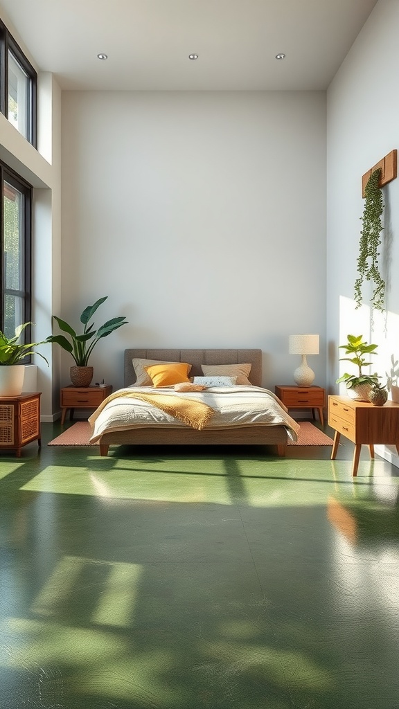 A bright and airy bedroom with a green epoxy concrete floor, featuring a bed, nightstands, plants, and large windows.