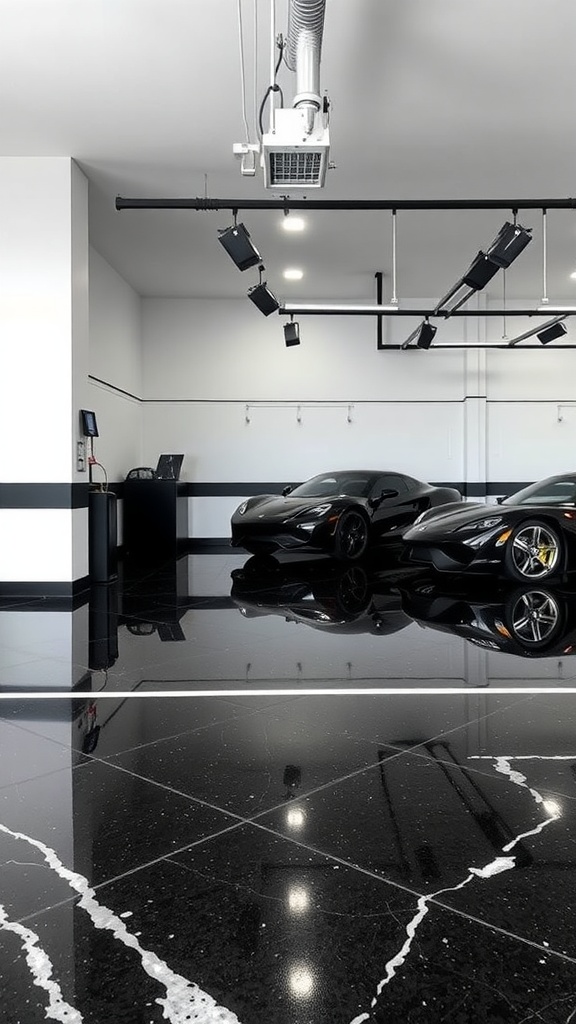 Sleek black marble epoxy floor in a modern garage with luxury cars.