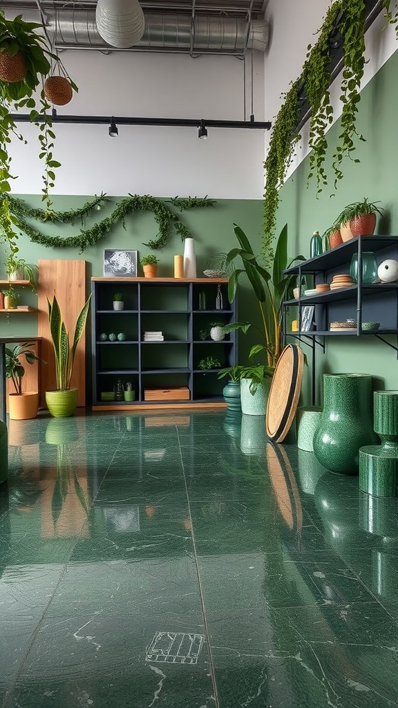 Interior space showcasing green marble metallic epoxy floors, plants, and modern decor.