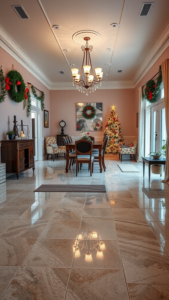 A stylish indoor space decorated for the holidays featuring Christmas trees and presents on an epoxy floor.