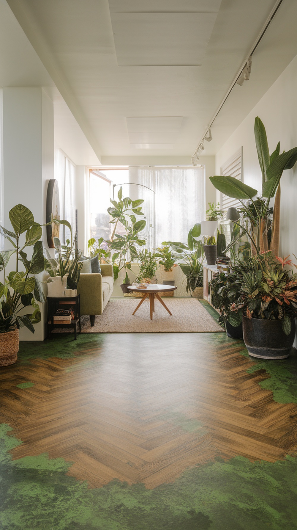 A cozy living room with herringbone stamped concrete flooring that resembles wood, surrounded by plants.