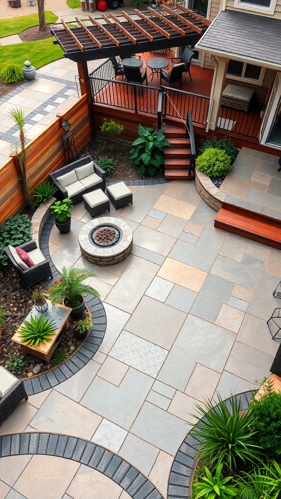 An aerial view of a beautifully designed stamped concrete patio with a wooden deck, featuring plants and seating areas.