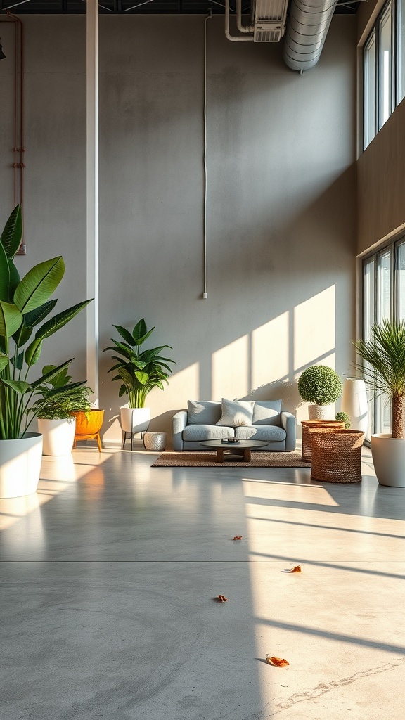 A modern living room with polished concrete flooring and plants.