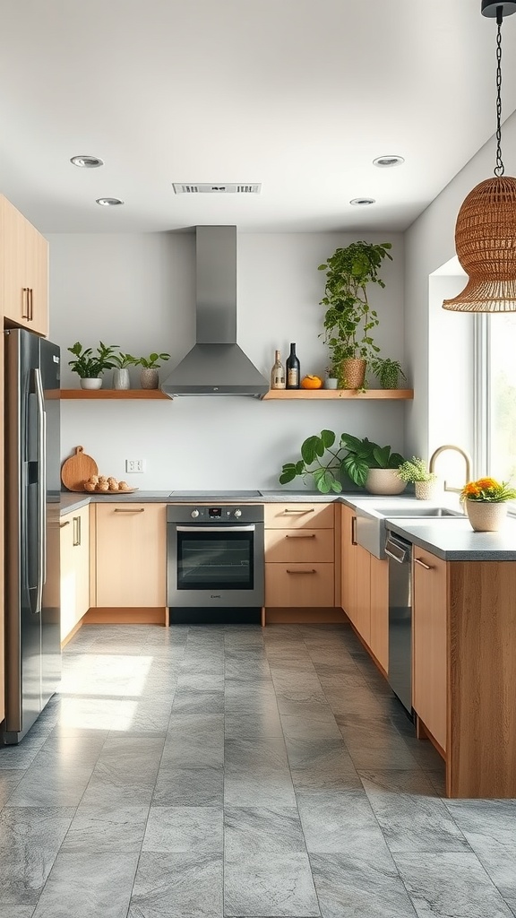 A modern kitchen featuring recycled concrete flooring and natural wood cabinetry.