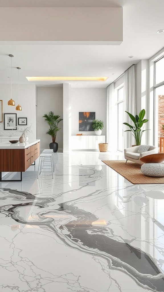 Modern living space featuring a marble epoxy floor with a sleek design and natural lighting