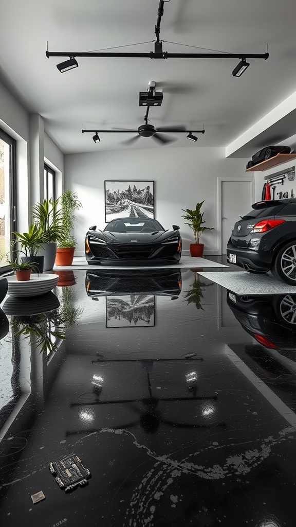 A sleek garage featuring a black epoxy floor, showcasing modern design elements.