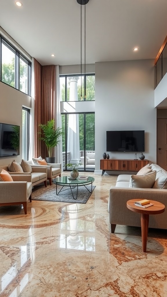 An eco-friendly interior with concrete epoxy flooring and indoor plants.
