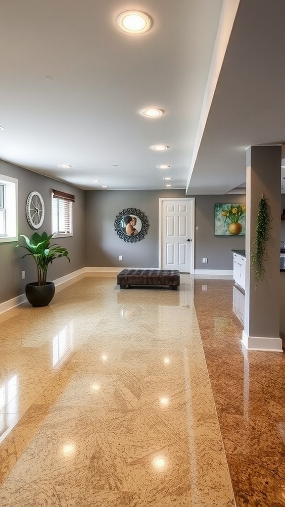 Stylish basement interior featuring reflective epoxy flooring and a modern bar setup