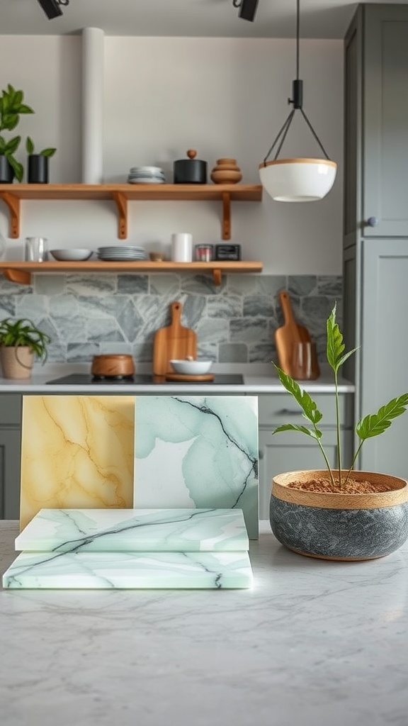 A modern kitchen with glossy epoxy floors featuring colorful swirling patterns, highlighting a stylish and eco-friendly design.