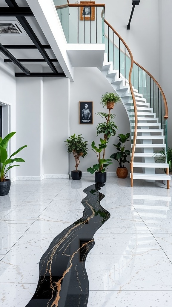 A modern staircase with white and gold marble epoxy resin flooring, featuring a flowing design and potted plants.