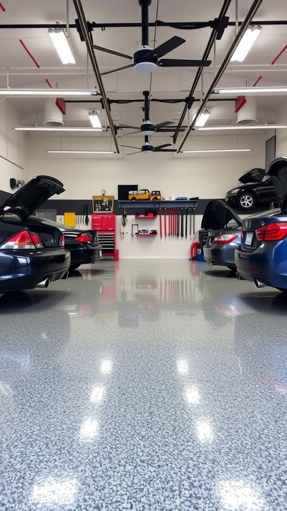 A person applying epoxy flooring in a garage with a can of epoxy and tire nearby.