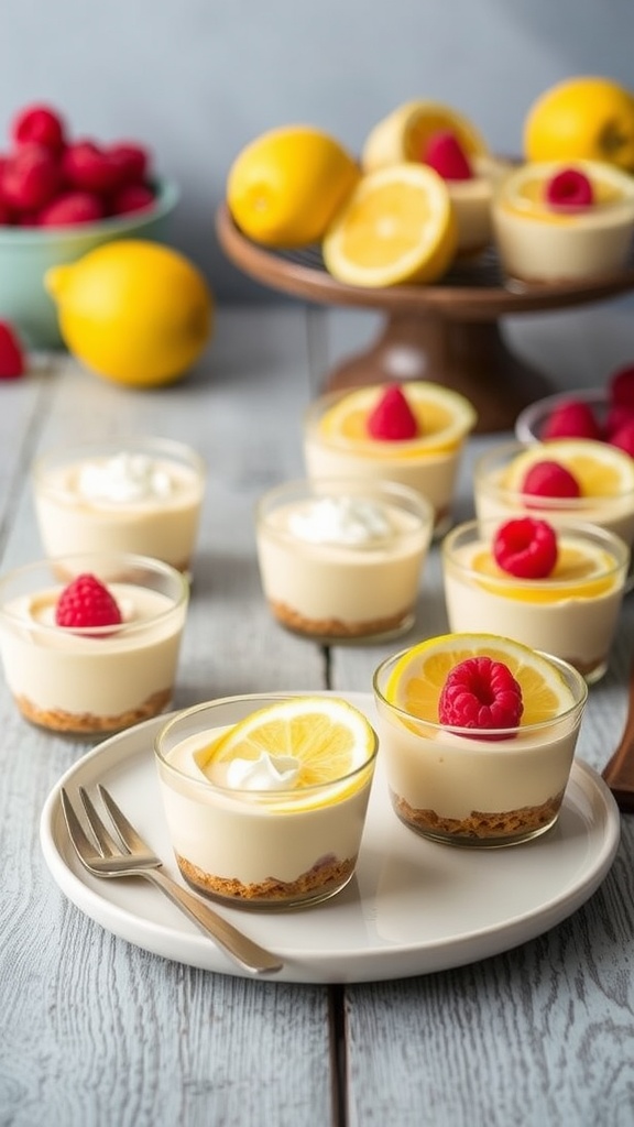 No Bake Lemon Raspberry Cheesecake Cups served in individual glass jars.