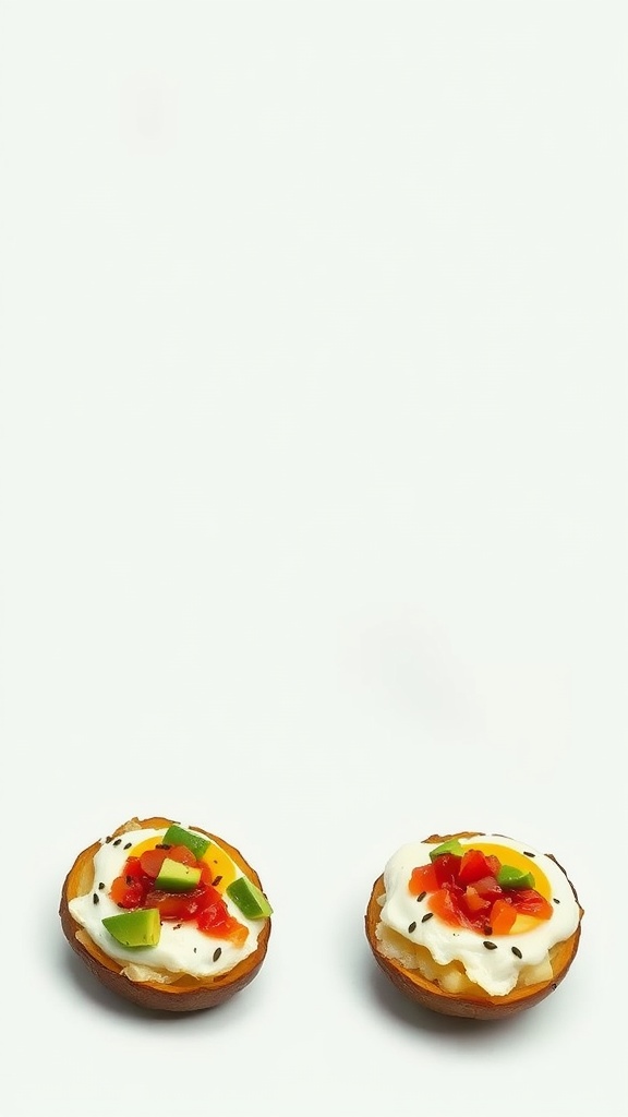 Loaded potato skins topped with eggs, avocado, and vegetables.