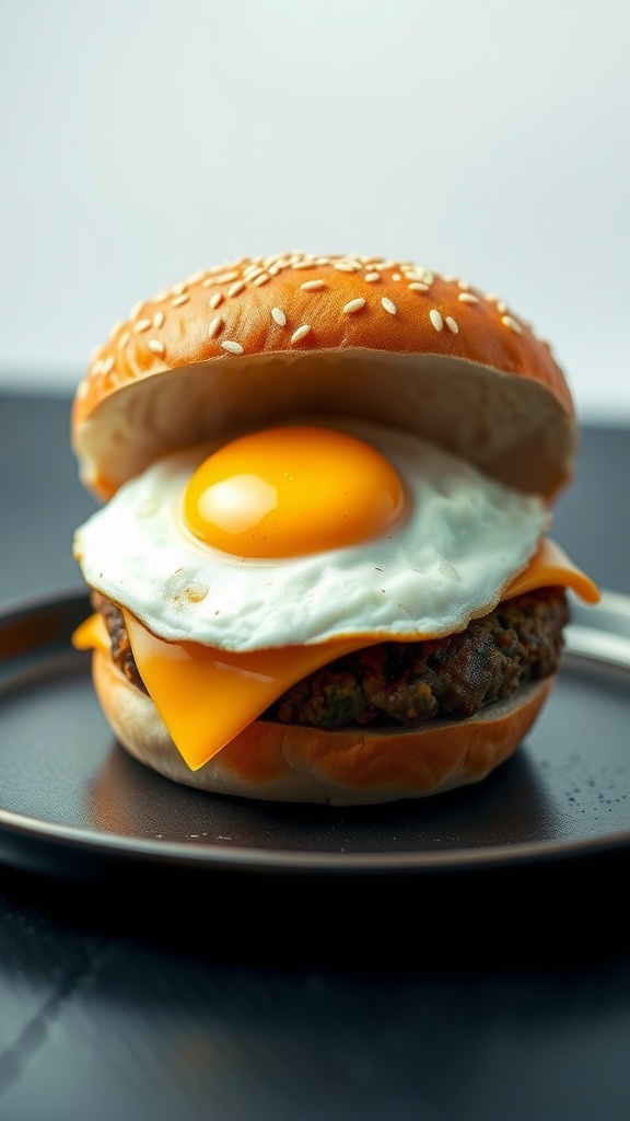 An appetizing egg and cheese breakfast sandwich with a sunny-side-up egg on top.