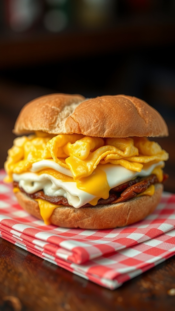 An egg and cheese breakfast sandwich with fluffy scrambled eggs and melted cheese on a bun.