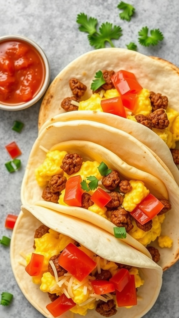 Egg and chorizo breakfast tacos with diced tomatoes and cilantro