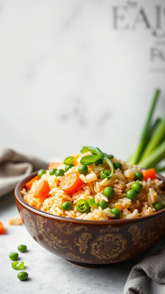 A bowl of egg fried rice with mixed vegetables and green onions.