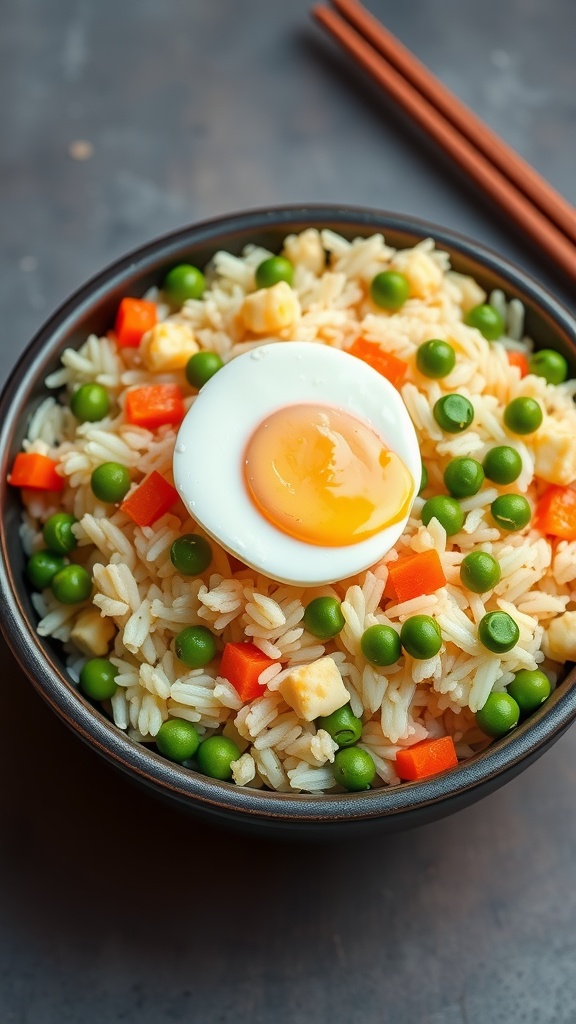 A bowl of egg fried rice with a soft boiled egg on top, garnished with peas and diced vegetables.