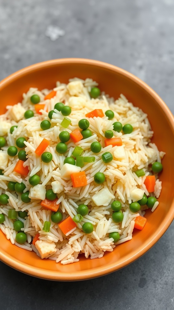 A bowl of colorful egg fried rice with peas, carrots, and green onions.