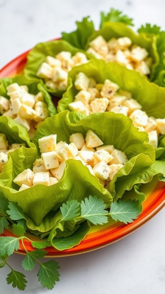 A plate of egg salad lettuce wraps garnished with herbs.