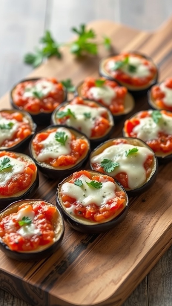 A platter of eggplant parmesan bites topped with marinara sauce and melted cheese.