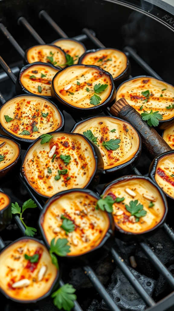 Grilled eggplant slices with herbs on a charcoal grill