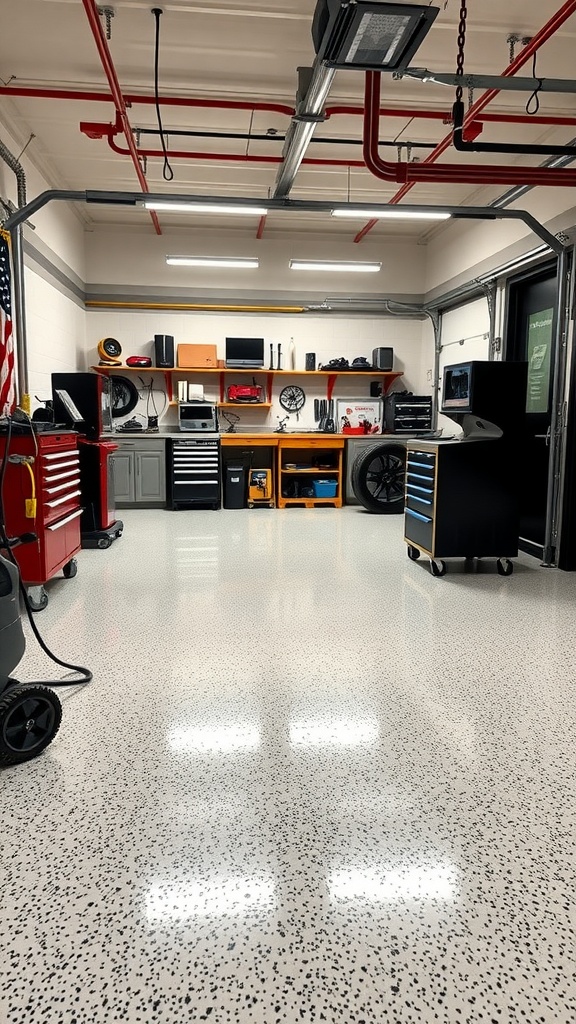 Electronics repair station with organized workbench and polished epoxy floor.