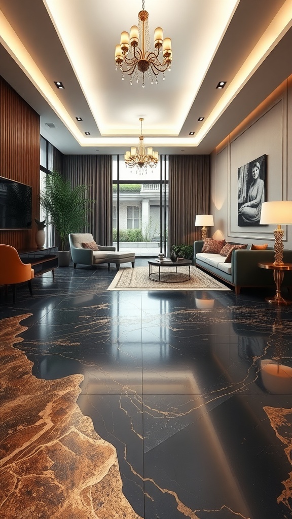 A luxurious living room with a black and gold epoxy floor, featuring elegant chandeliers and stylish furniture.
